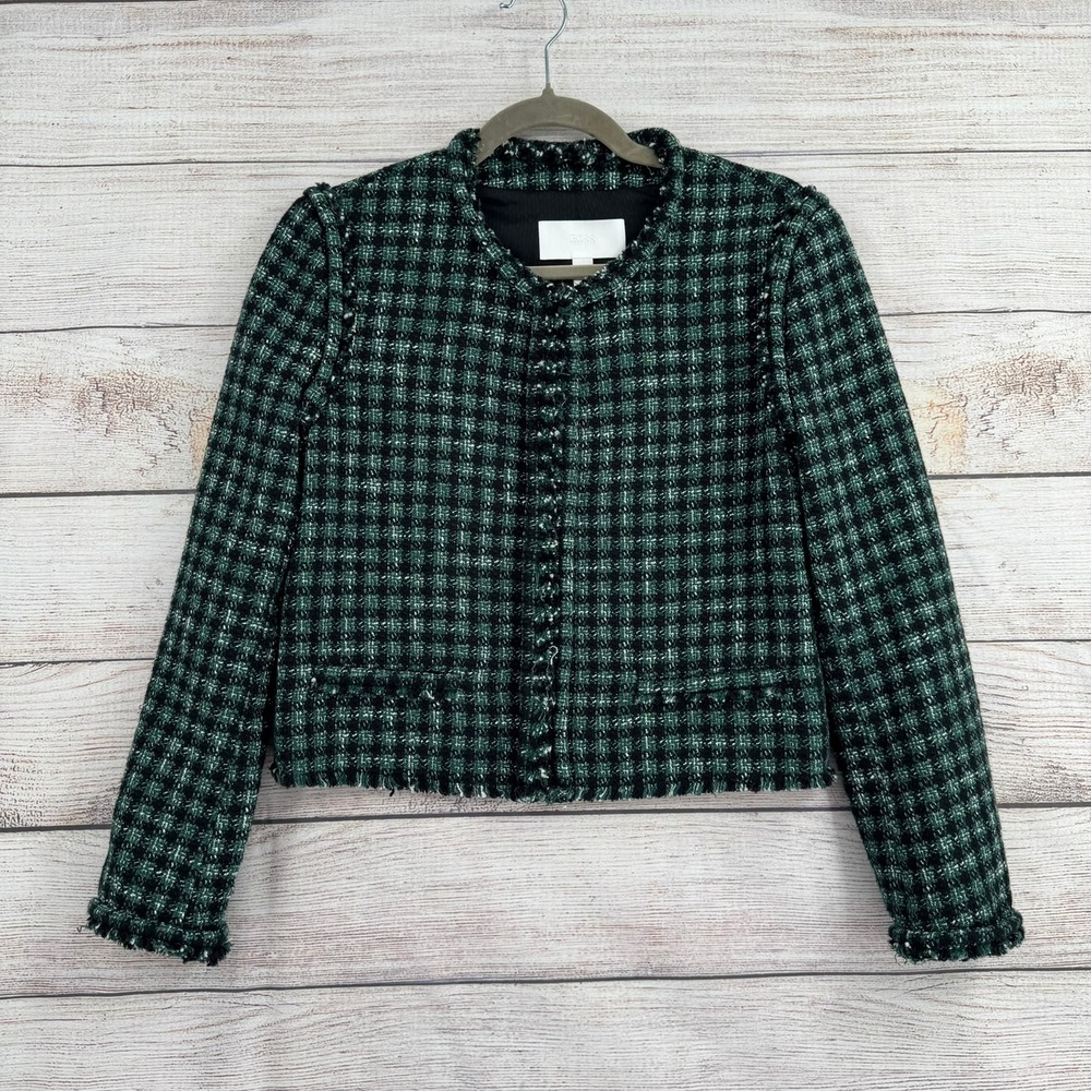 BOSS Johella Tweed Jacket Womens 6 Green Black Plaid Fringed Cropped Blazer